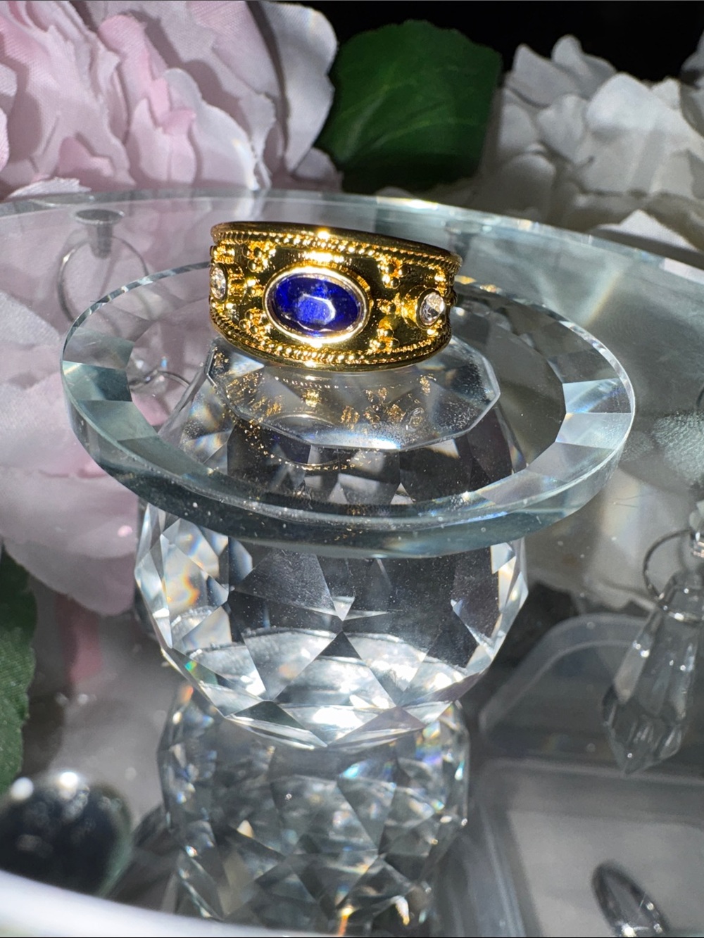 Gold Tone Ring with Royal Blue Oval Stone